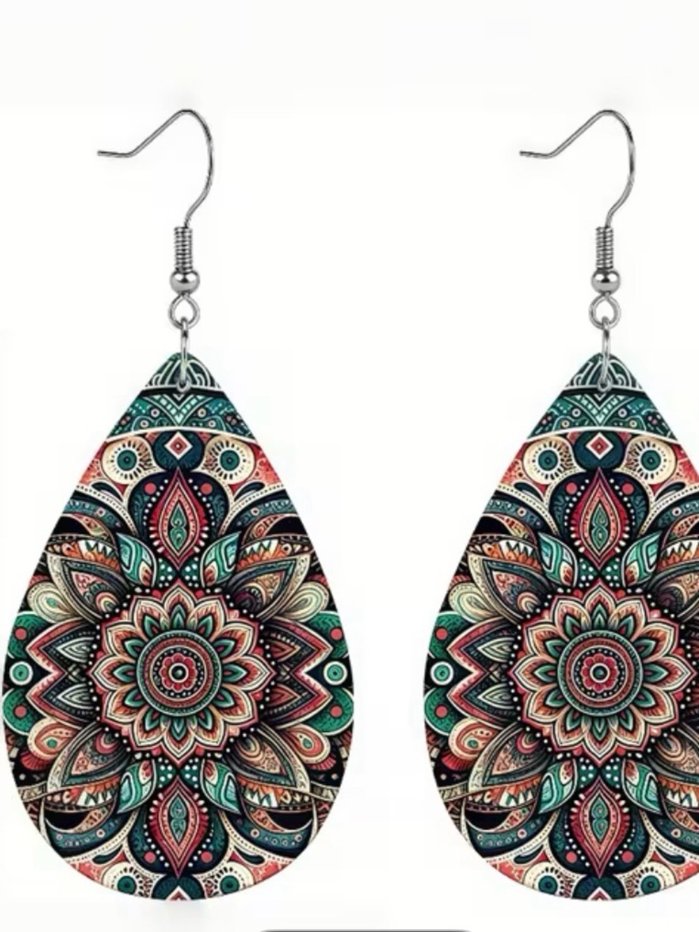 Boho Teardrop Mandala Earrings - Pink & Teal - Picture 5 of 5